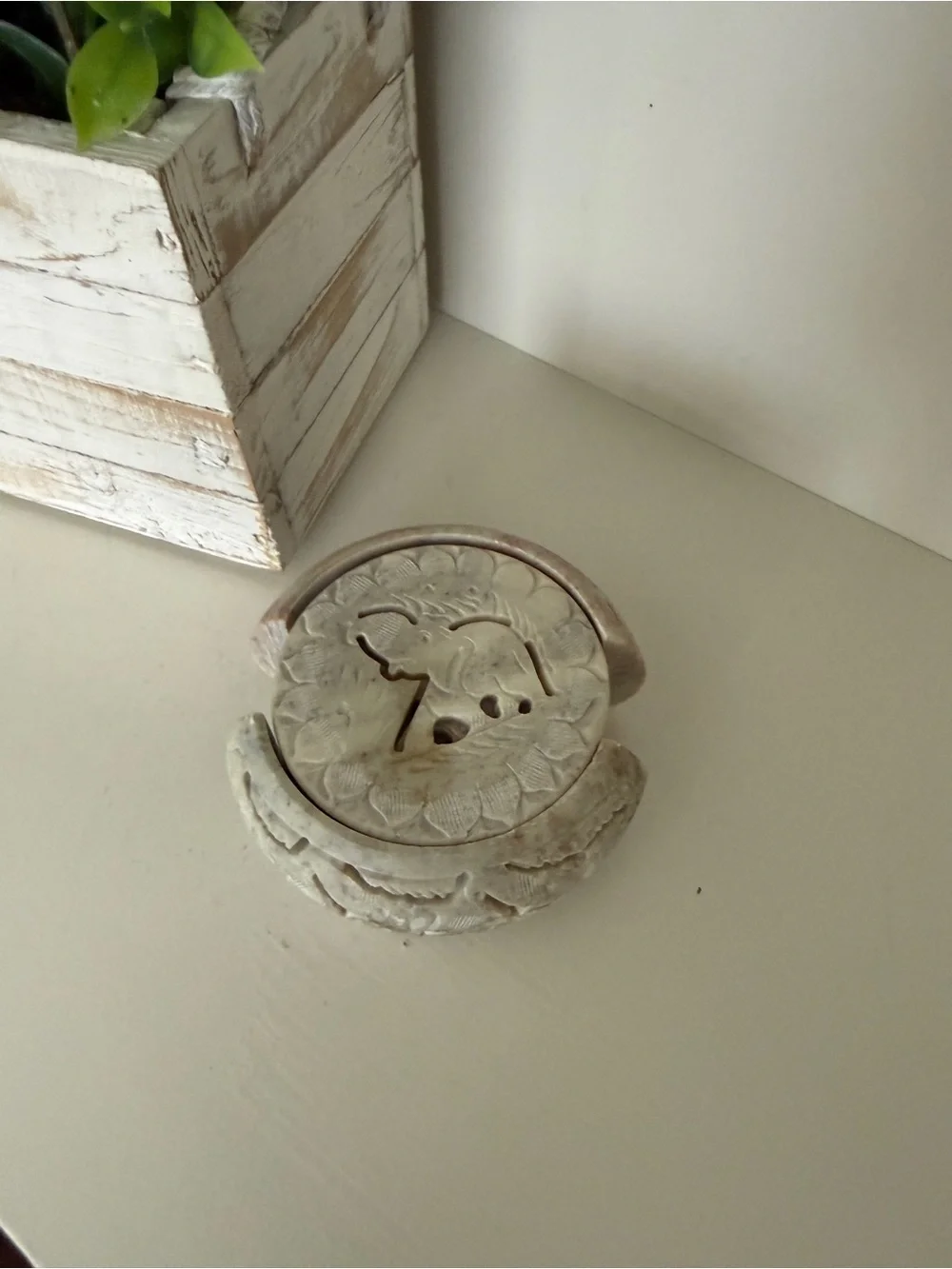 Hand-Carved 6 Soapstone Elephant Coaster Set with Holder Safari Wildlife Decor